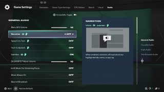 The Audio Settings menu in FC 27, highlighting the 'Narration' feature, which reads menus aloud for accessibility. The setting is currently 'OFF'.