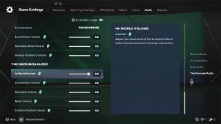 Audio settings for 'The Grounds' mode in FC 27, showing individual volume sliders for in-world audio, commentary, gameplay, and music.
