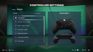The Controller Settings menu in FC 27, showing the 'Classic' button layout for 'Attack' on an Xbox controller. 'Through Ball' is highlighted.