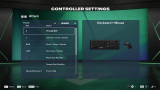 The Controller Settings menu in FC 27 for Keyboard + Mouse, showing the key bindings for 'Attack' actions like 'Through Ball' and 'Lob Pass.'