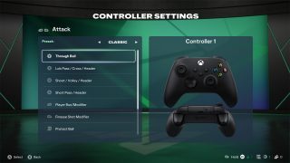 FC 27's Controller Settings screen displaying the 'Classic' preset for an Xbox controller, with 'Y' mapped to 'Through Ball' for attacking plays.
