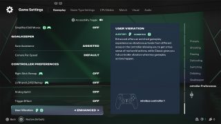 Controller Preferences in FC 27's settings, with 'User Vibration' set to 'Enhanced' for a more immersive haptic feedback experience.