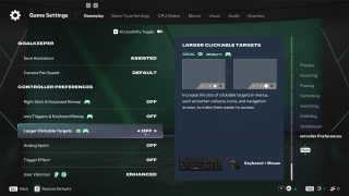 The 'Larger Clickable Targets' accessibility option in FC 27's Gameplay Settings, designed to make menu navigation easier.