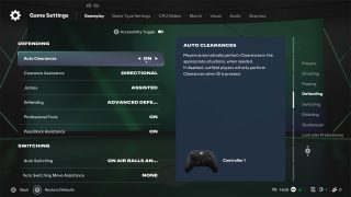 The Defending assists menu in FC 27's Game Settings, with 'Auto Clearances' turned on to have players automatically clear the ball when needed.