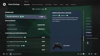 The Dribbling assists menu in FC 27's Game Settings. The 'Simplified Skill Moves' option is highlighted and set to 'OFF'.