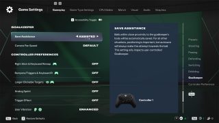 Goalkeeper assistance settings in FC 27. 'Save Assistance' is highlighted and set to 'ASSISTED' to automatically save nearby shots.
