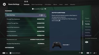 Passing assistance settings in FC 27. 'Auto Flair Pass' is turned on, allowing players to automatically perform flair passes when appropriate.