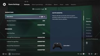 Shooting assistance settings in FC 27. The 'Auto Shots' option is turned on, allowing players to automatically shoot when near the goal.