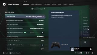 The Switching assistance settings in FC 27, with 'Auto Switching' set to 'On Air Balls and Loose Balls' for automatic player selection.