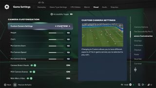 The 'Custom Camera Settings' screen in FC 27's visual options, showing sliders for adjusting camera height, zoom, speed, and swing.