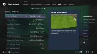 The 'Camera Options' menu in FC 27's visual settings, where players can choose from camera styles like 'Competitive' and 'Broadcast' for different modes.