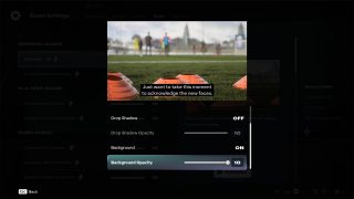 The detailed subtitle settings in FC 27, showing options to adjust background opacity, drop shadow, and size, with a live preview.
