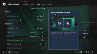 The 'High Contrast / Menus' setting in FC 27's visual options is turned on to improve menu visibility and distinguish UI elements.
