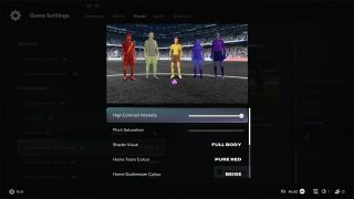 Customization options for High Contrast Gameplay, including shader type, intensity, and colors for home team, away team, and goalkeepers.