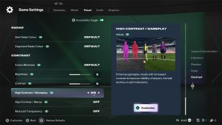 The 'High Contrast / Gameplay' option in FC 27's visual settings, which enhances the visibility of players, the ball, and other on-pitch elements.