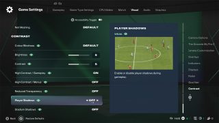 The 'Player Shadows' setting in the visual options menu is turned 'OFF' to disable player shadows during gameplay for better visibility.