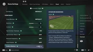 The 'Stadium Shadows' setting in the visual options menu, which can be turned off to prevent shadows from being cast onto the pitch.