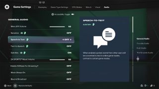 The Audio settings menu, showing the Speech-to-Text and Text-to-Speech options, which convert voice chat to text and vice-versa.