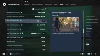 Visual settings for 'The Grounds' mode, highlighting the 'Drop Kick Reticle Size' and color customization for various on-screen indicators.