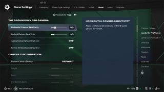 Camera settings for 'The Grounds My Pro Camera,' showing sliders to adjust horizontal and vertical camera sensitivity for personalized control.
