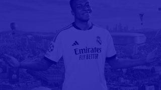EA SPORTS FC™ 27 key art with Kylian Mbappé in Real Madrid kit standing over a city.