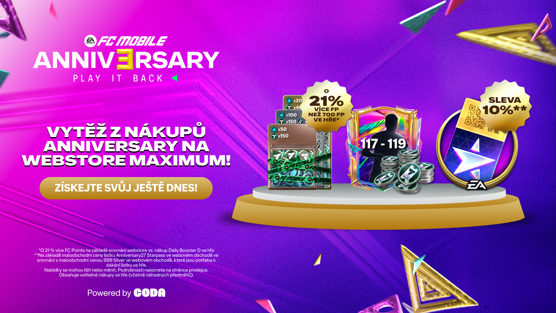Promotional image for EA FC Mobile's 'TOTY' event, featuring a new arrival badge, star pass, stacks of cash, and coins on a purple background. Text highlights a bonus of 18% more FC Points and multiplied rewards. Logos of EA, FC Mobile, and Premier League are displayed.
