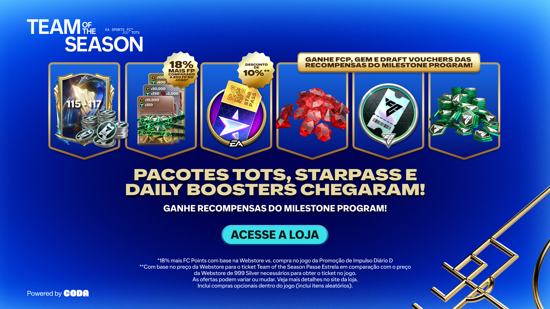 Promotional image for EA FC Mobile's 'TOTY' event, featuring a new arrival badge, star pass, stacks of cash, and coins on a purple background. Text highlights a bonus of 18% more FC Points and multiplied rewards. Logos of EA, FC Mobile, and Premier League are displayed.