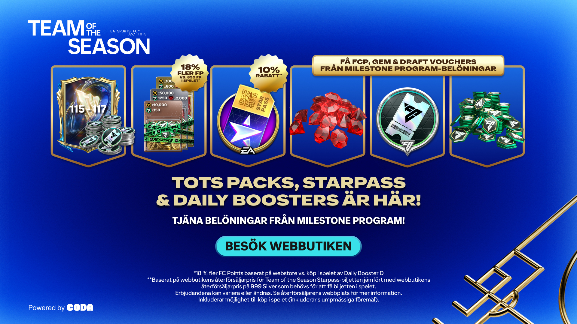 Promotional image for EA FC Mobile's 'TOTY' event, featuring a new arrival badge, star pass, stacks of cash, and coins on a purple background. Text highlights a bonus of 18% more FC Points and multiplied rewards. Logos of EA, FC Mobile, and Premier League are displayed.