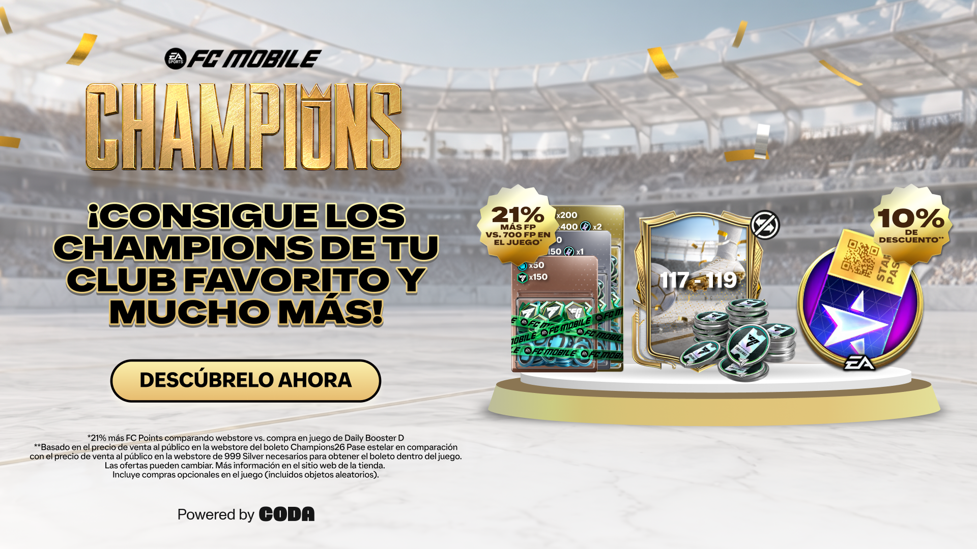 Promotional image for EA FC Mobile's 'TOTY' event, featuring a new arrival badge, star pass, stacks of cash, and coins on a purple background. Text highlights a bonus of 18% more FC Points and multiplied rewards. Logos of EA, FC Mobile, and Premier League are displayed.