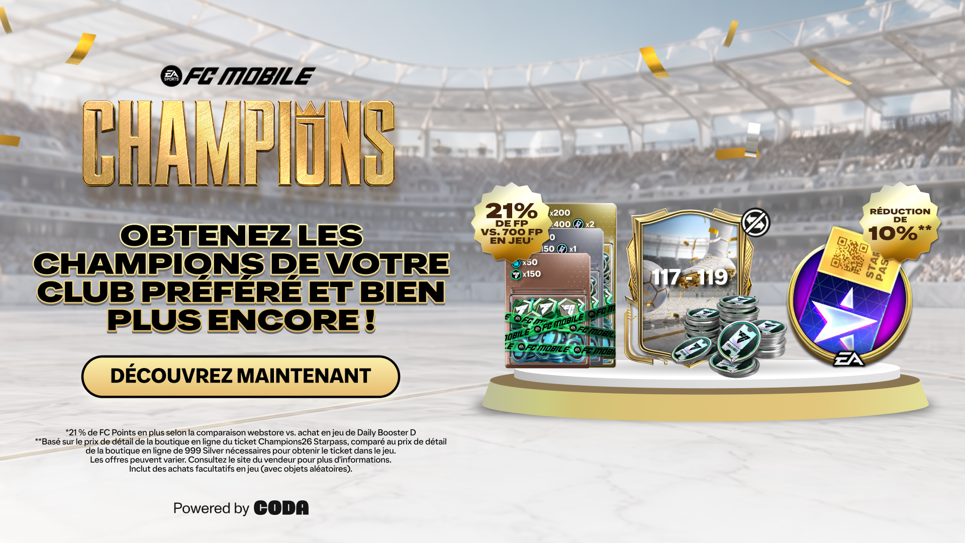 Promotional image for EA FC Mobile's 'TOTY' event, featuring a new arrival badge, star pass, stacks of cash, and coins on a purple background. Text highlights a bonus of 18% more FC Points and multiplied rewards. Logos of EA, FC Mobile, and Premier League are displayed.