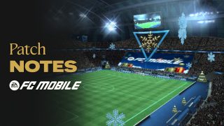 Ярко освещенный стадион с символикой FC Mobile. Надпись «Описание обновлений».