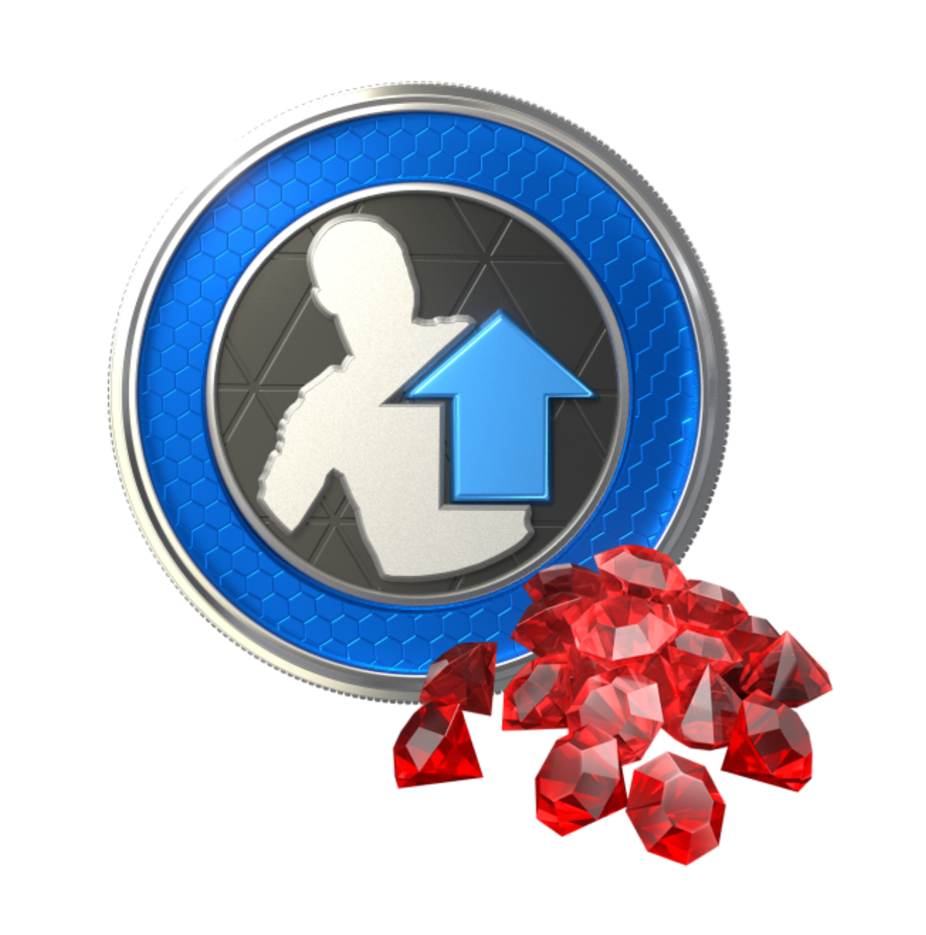 Een silhouet van een persoon in een ronde, futuristische blauw-gouden lijst. Rechtsonder zijn rode edelstenen gegroepeerd.