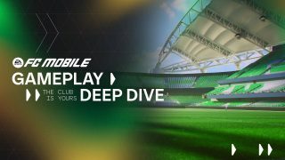 FC Mobile Gameplay Deep Dive-afbeelding met een levendig groen en geel stadion, met de slogan "The Club is Yours" onder een heldere hemel.