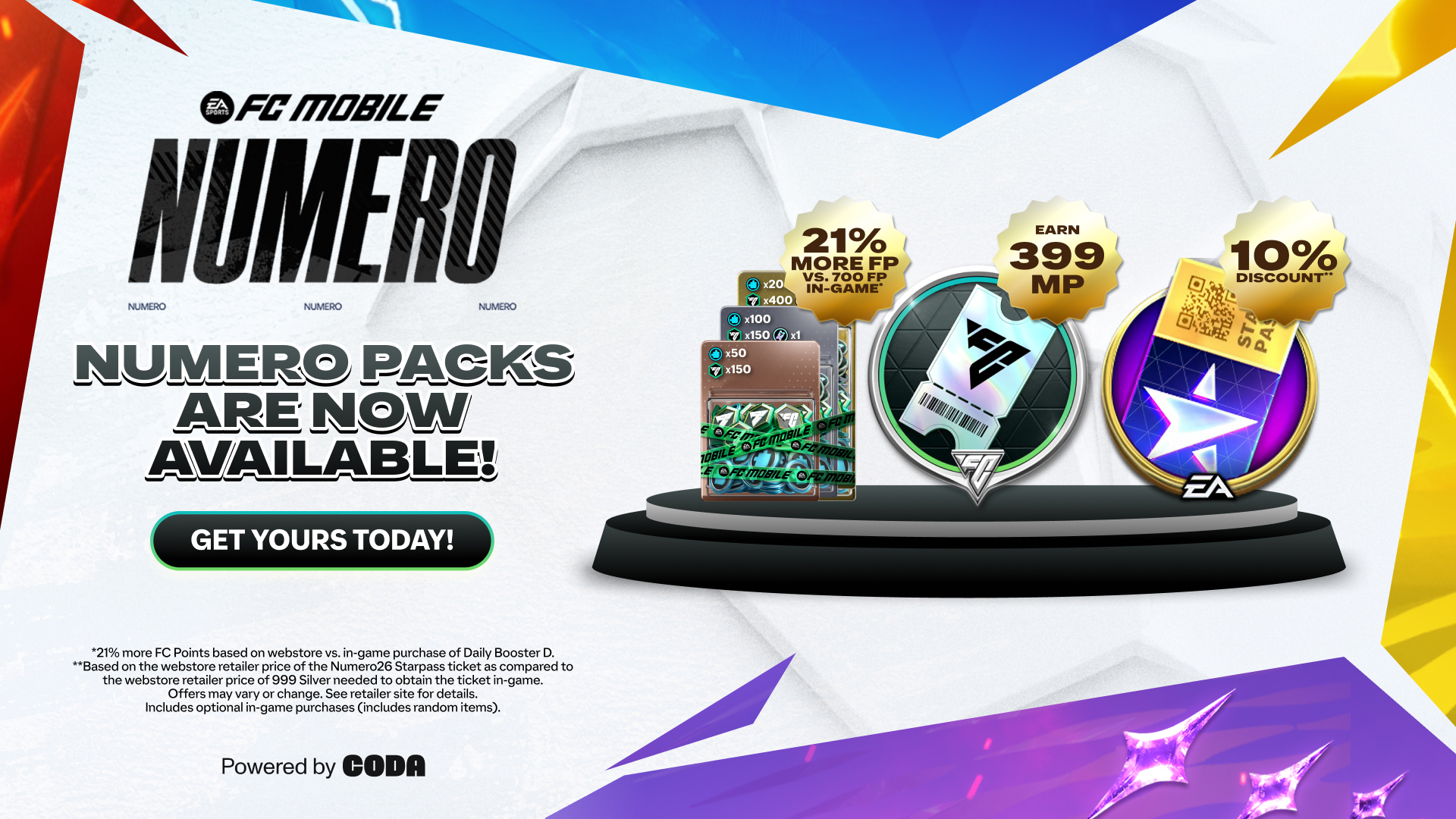 Promotional image for EA FC Mobile's 'TOTY' event, featuring a new arrival badge, star pass, stacks of cash, and coins on a purple background. Text highlights a bonus of 18% more FC Points and multiplied rewards. Logos of EA, FC Mobile, and Premier League are displayed.