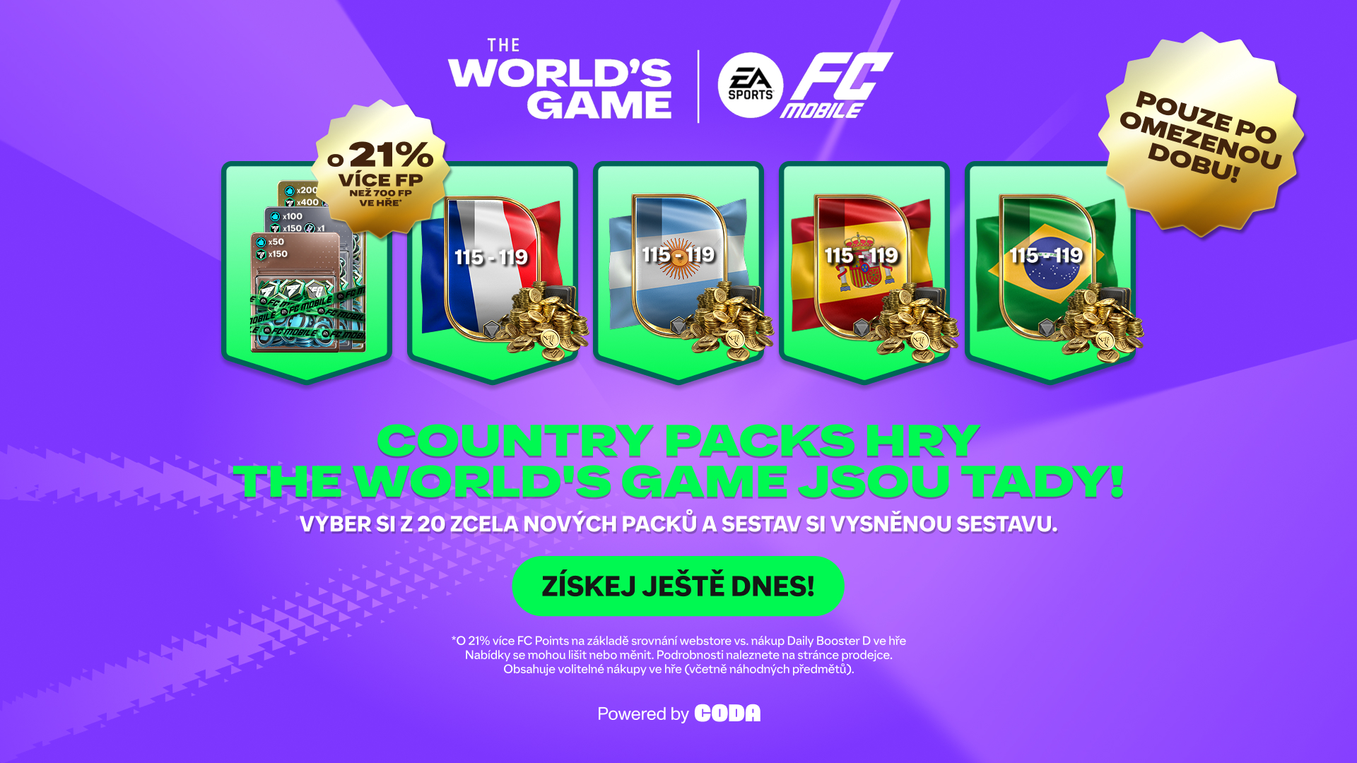Promotional image for EA FC Mobile's 'TOTY' event, featuring a new arrival badge, star pass, stacks of cash, and coins on a purple background. Text highlights a bonus of 18% more FC Points and multiplied rewards. Logos of EA, FC Mobile, and Premier League are displayed.