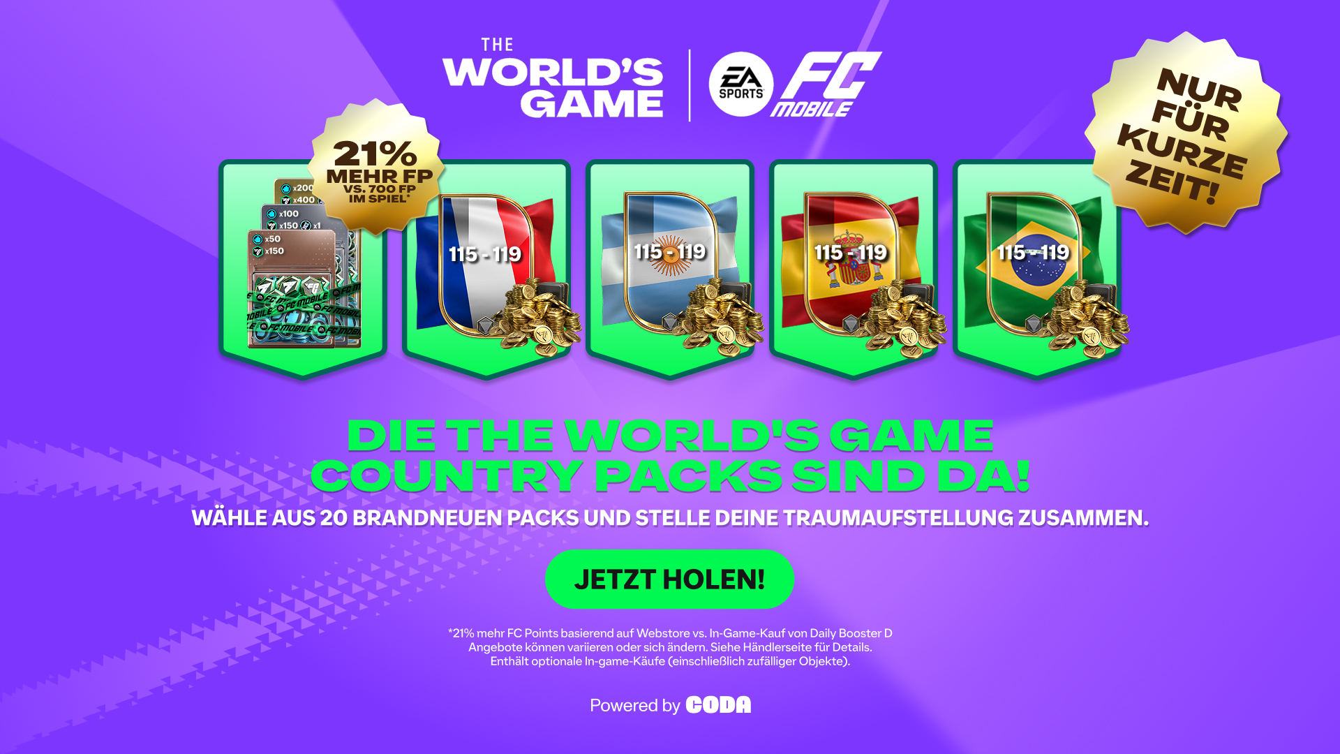 Promotional image for EA FC Mobile's 'TOTY' event, featuring a new arrival badge, star pass, stacks of cash, and coins on a purple background. Text highlights a bonus of 18% more FC Points and multiplied rewards. Logos of EA, FC Mobile, and Premier League are displayed.