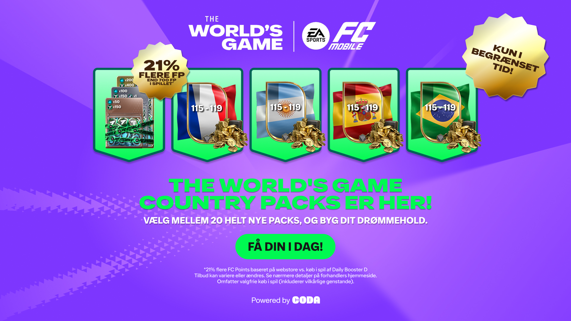 Promotional image for EA FC Mobile's 'TOTY' event, featuring a new arrival badge, star pass, stacks of cash, and coins on a purple background. Text highlights a bonus of 18% more FC Points and multiplied rewards. Logos of EA, FC Mobile, and Premier League are displayed.
