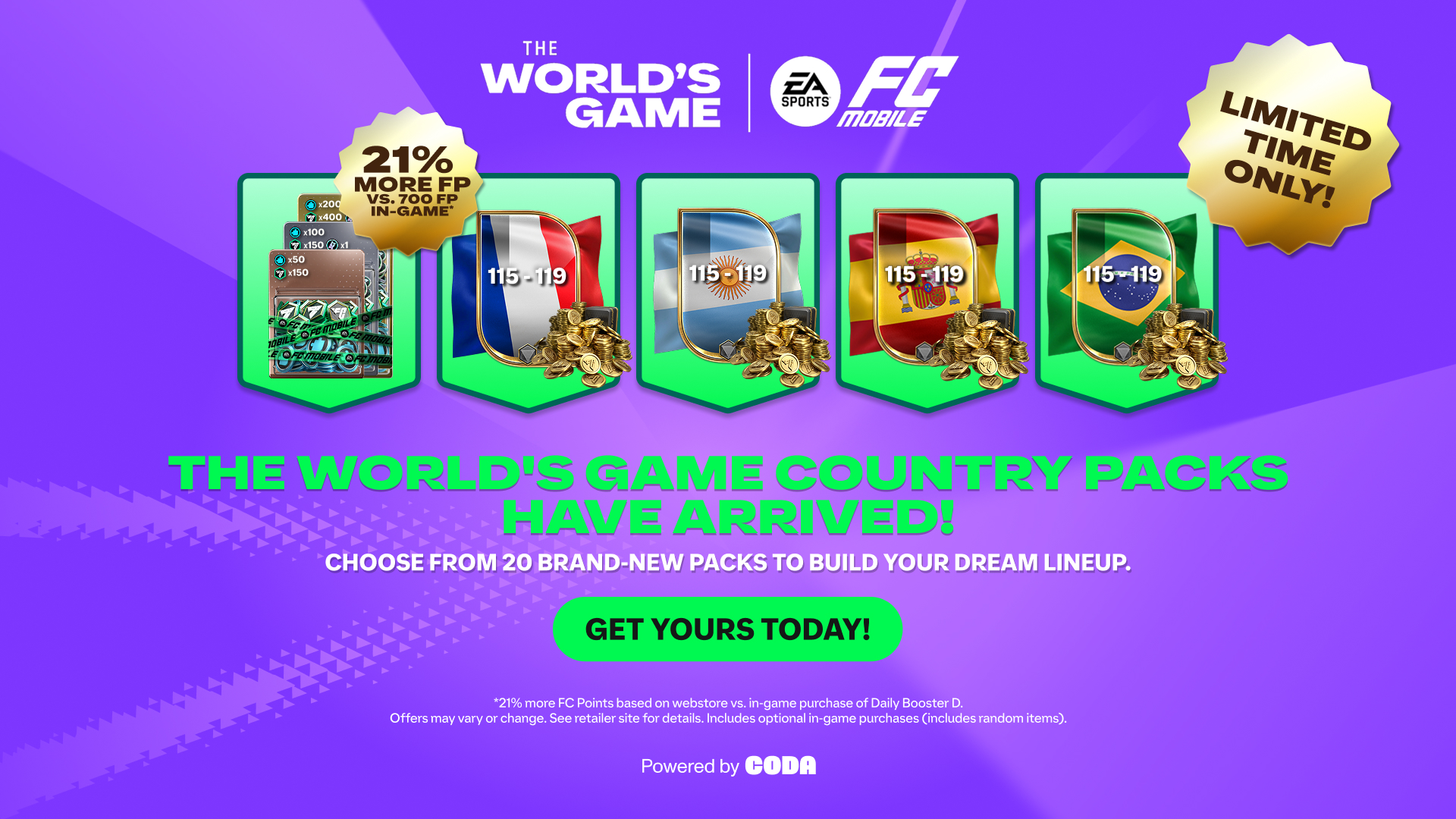Promotional image for EA FC Mobile's 'TOTY' event, featuring a new arrival badge, star pass, stacks of cash, and coins on a purple background. Text highlights a bonus of 18% more FC Points and multiplied rewards. Logos of EA, FC Mobile, and Premier League are displayed.