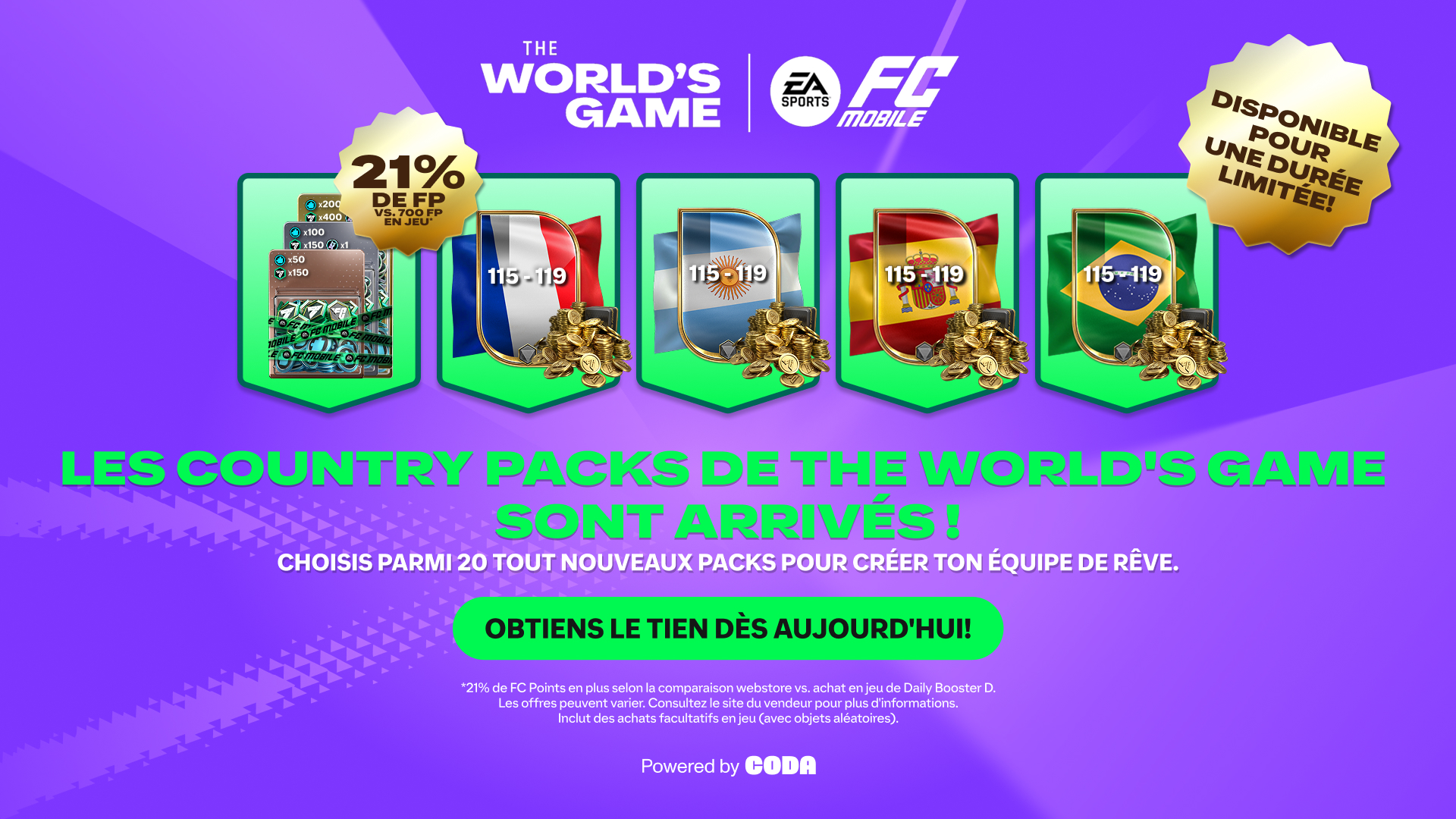 Promotional image for EA FC Mobile's 'TOTY' event, featuring a new arrival badge, star pass, stacks of cash, and coins on a purple background. Text highlights a bonus of 18% more FC Points and multiplied rewards. Logos of EA, FC Mobile, and Premier League are displayed.