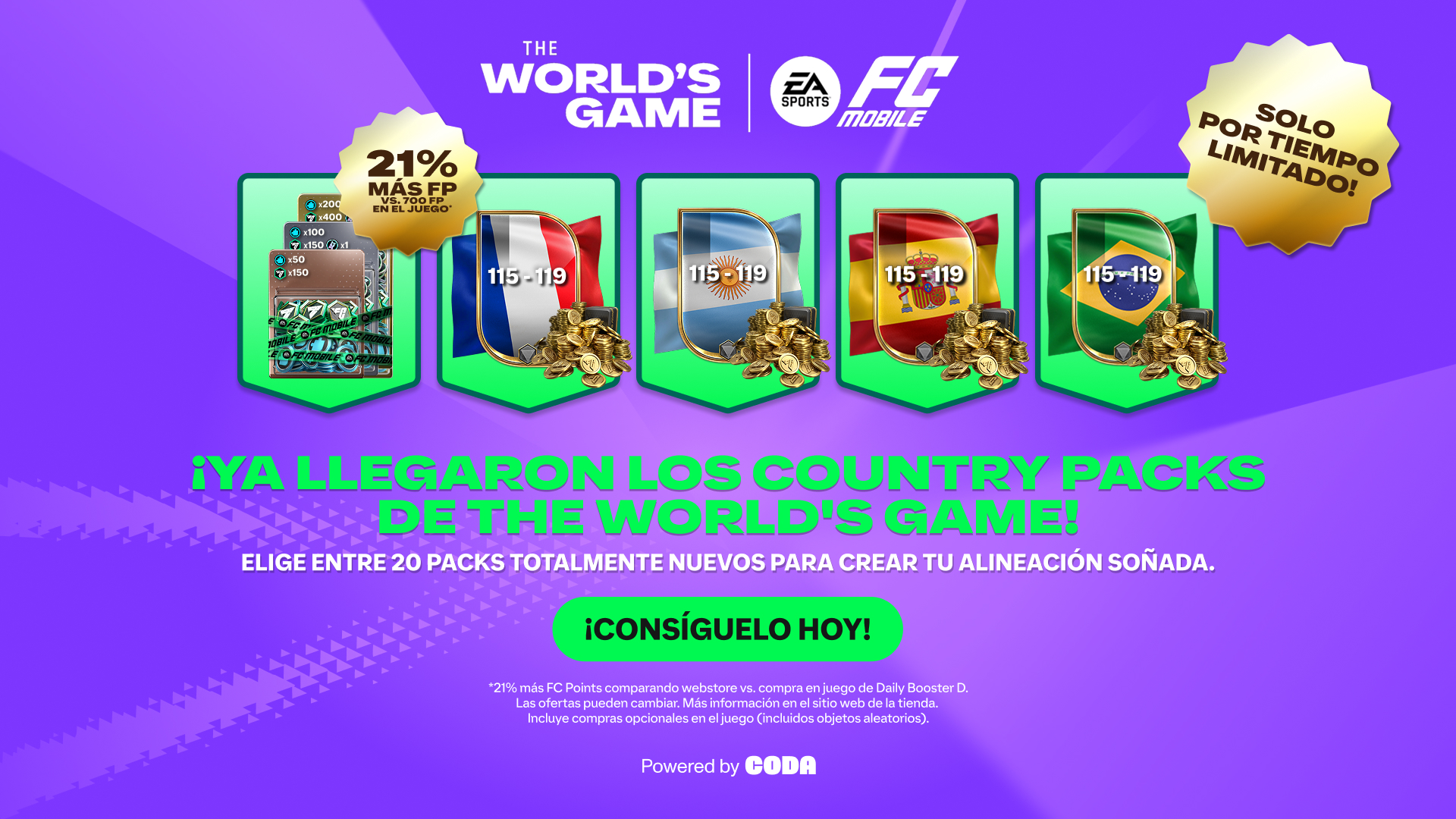 Promotional image for EA FC Mobile's 'TOTY' event, featuring a new arrival badge, star pass, stacks of cash, and coins on a purple background. Text highlights a bonus of 18% more FC Points and multiplied rewards. Logos of EA, FC Mobile, and Premier League are displayed.
