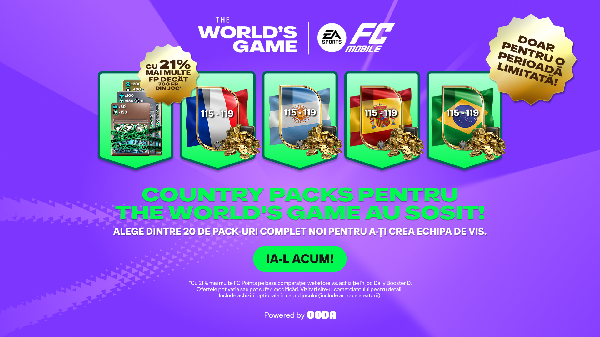 Promotional image for EA FC Mobile's 'TOTY' event, featuring a new arrival badge, star pass, stacks of cash, and coins on a purple background. Text highlights a bonus of 18% more FC Points and multiplied rewards. Logos of EA, FC Mobile, and Premier League are displayed.