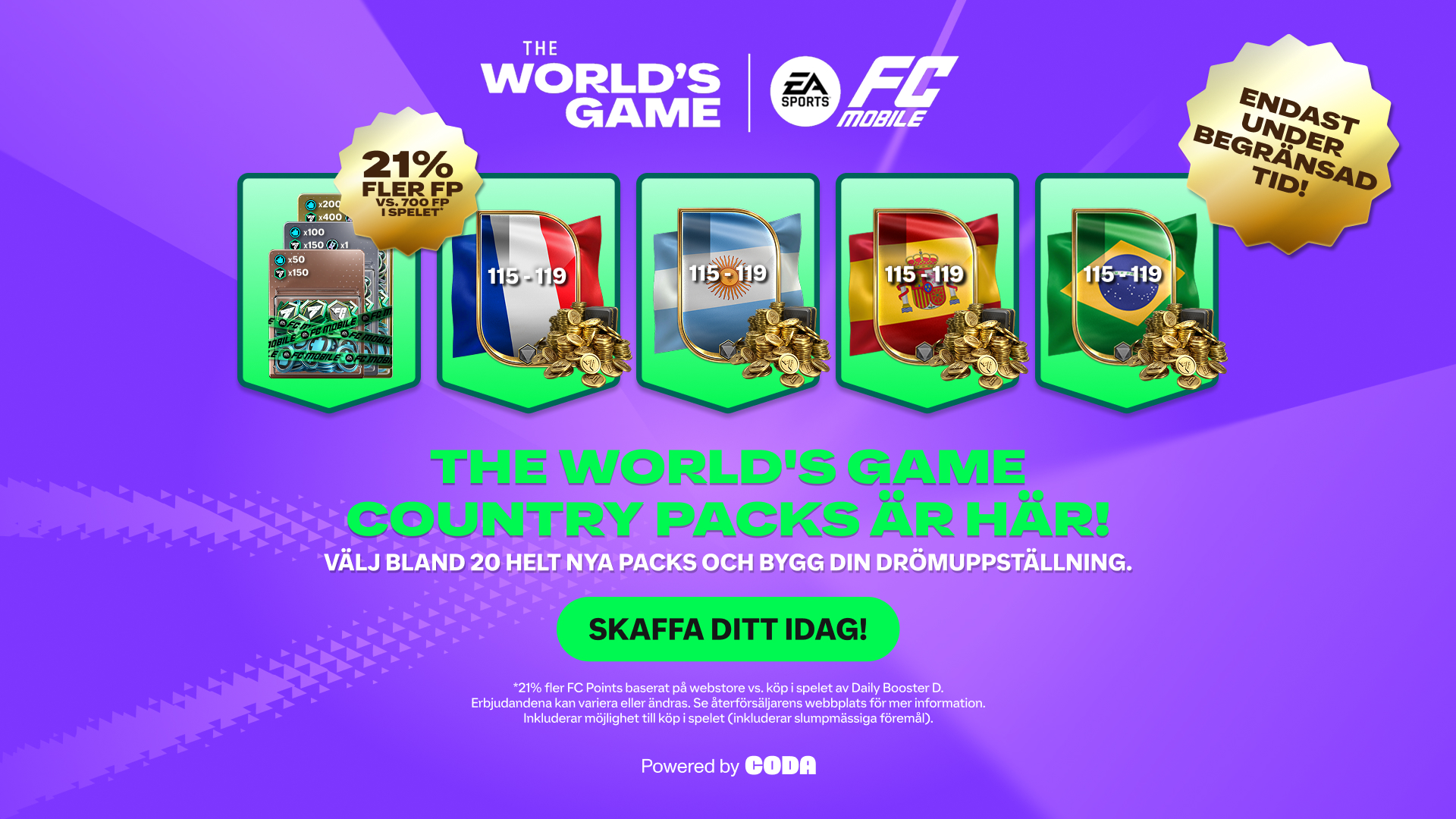 Promotional image for EA FC Mobile's 'TOTY' event, featuring a new arrival badge, star pass, stacks of cash, and coins on a purple background. Text highlights a bonus of 18% more FC Points and multiplied rewards. Logos of EA, FC Mobile, and Premier League are displayed.