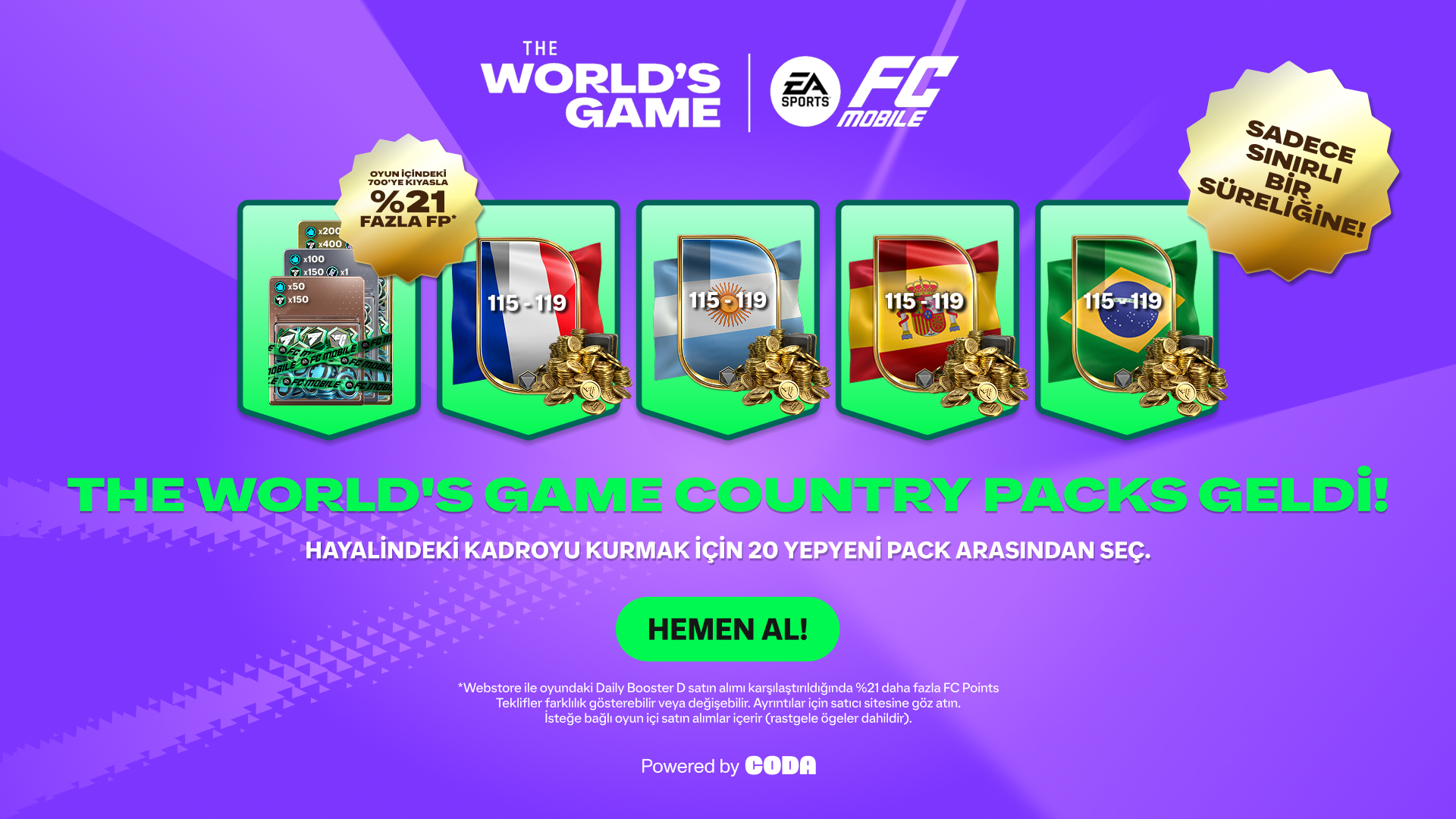Promotional image for EA FC Mobile's 'TOTY' event, featuring a new arrival badge, star pass, stacks of cash, and coins on a purple background. Text highlights a bonus of 18% more FC Points and multiplied rewards. Logos of EA, FC Mobile, and Premier League are displayed.