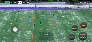 Screenshot of FC Mobile showcasing snow on a football pitch during a match.