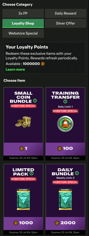Screenshot of the FC Mobile webstore displaying various items under the Loyalty Shop menu.