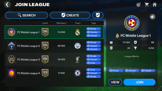 A "Join League" screen showing a list of existing leagues with their level, number of members, team and tags.