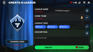 "Create a League" screen prompting the user to enter League names, logo, home team, tags and description.