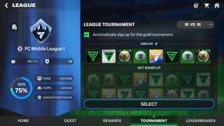 FC Mobile's tournament mode sign-up screen showing icons of various members signed-up in a league.