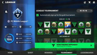 A pre-game screen in the tournament mode shows 16 members signed up for a tournment and a label indicating "Now finding opponent" for a match.