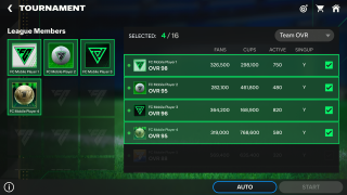 A stats screen in the tournament mode that shows OVR ratings and other stats for each of the signed up members.